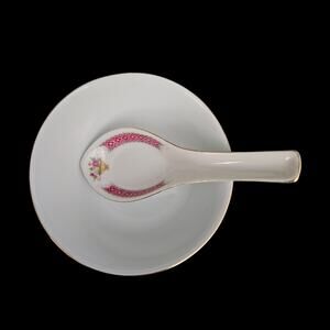 Vintage Chinese Porcelain Rice Bowl & Soup Spoon Pink Floral Gold Trim Set